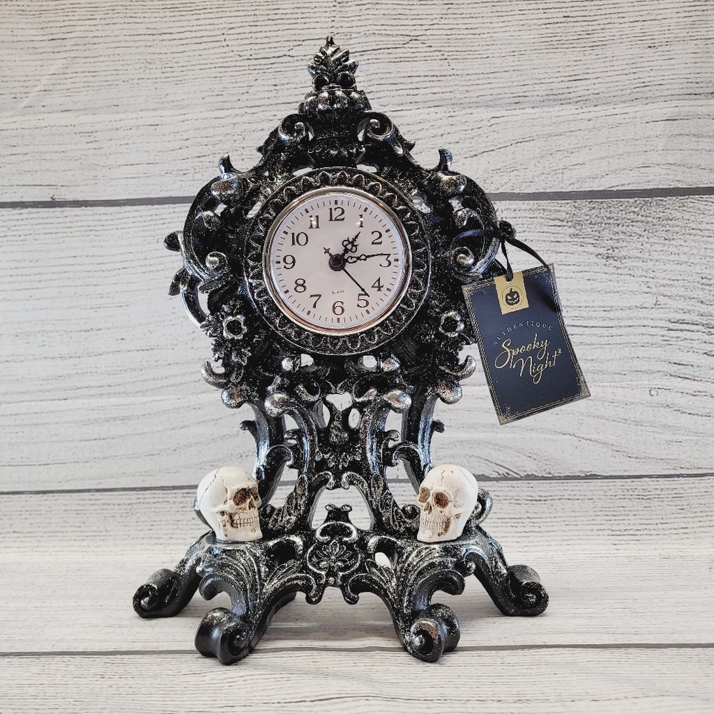 Spooky Nights Halloween Silver Black Glitter Victorian Ornate Skull Mantel Clock